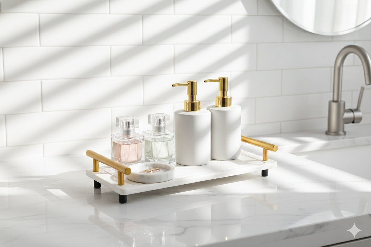 BLISSJU water absorbing stone drying tray set in white with gold handles (instant dry sink caddy)